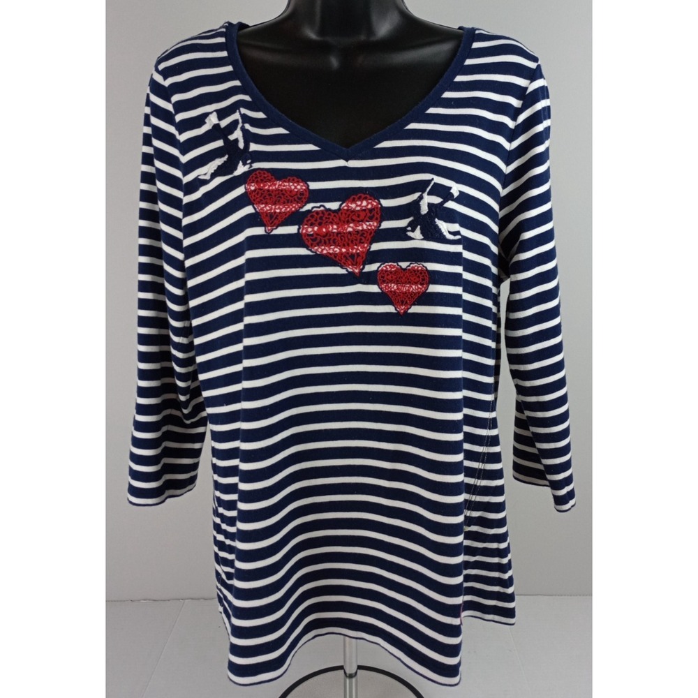 Charter Club Women's XL 3/4 Sleeve Embroidered Hearts Birds Striped Shirt